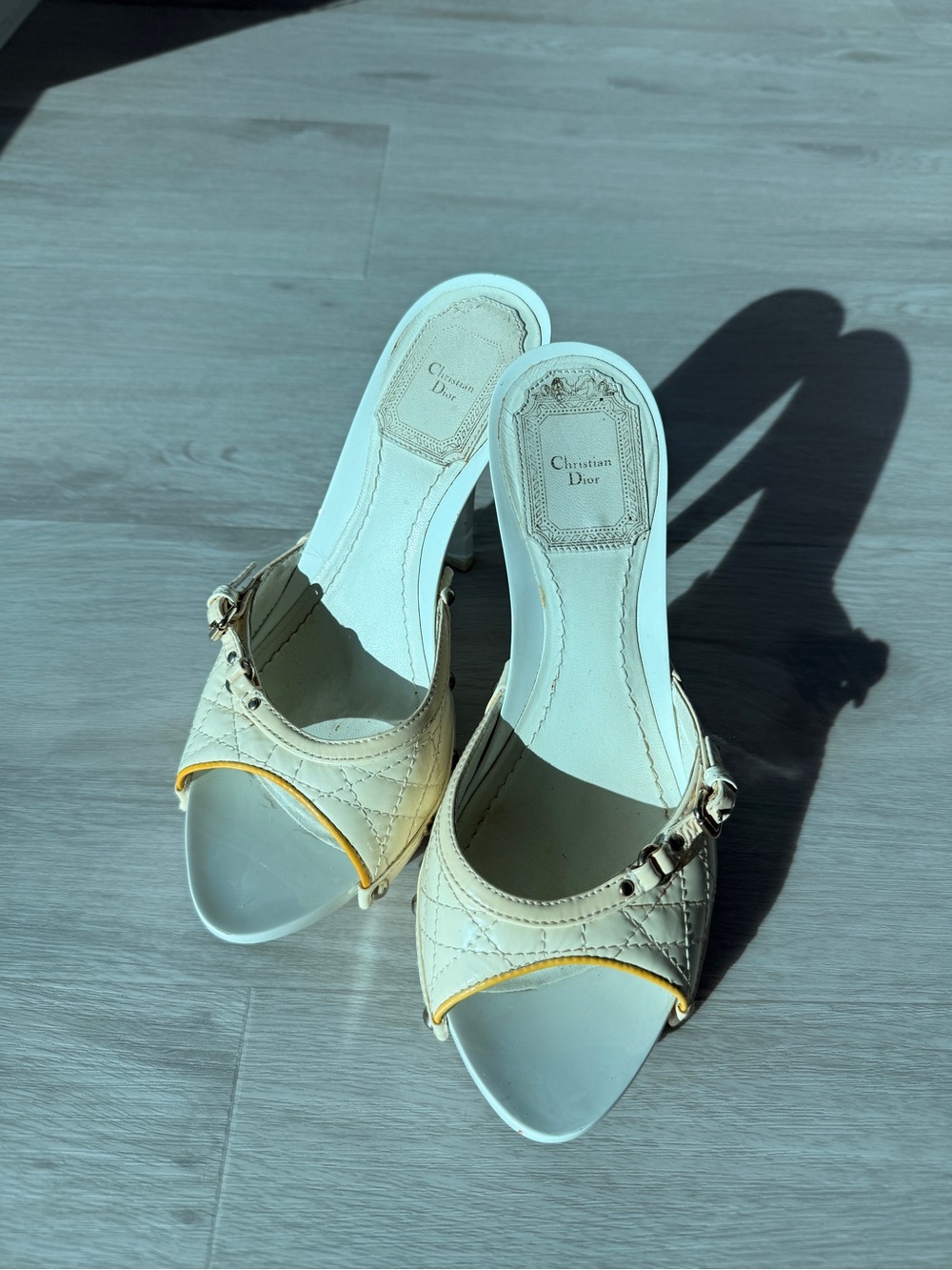 Dior Cream Quilted Open-Toe Slingback Heels with Gold Buckle